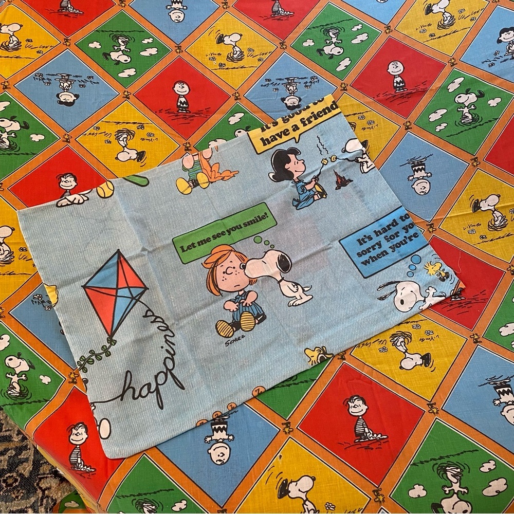 Vtg Peanuts Charlie Brown Snoopy Twin Flat Sheet & Pillow Case Colorful Quotes